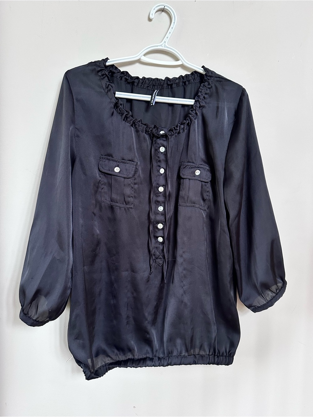 Black Ruffle-Neck Button Blouse
